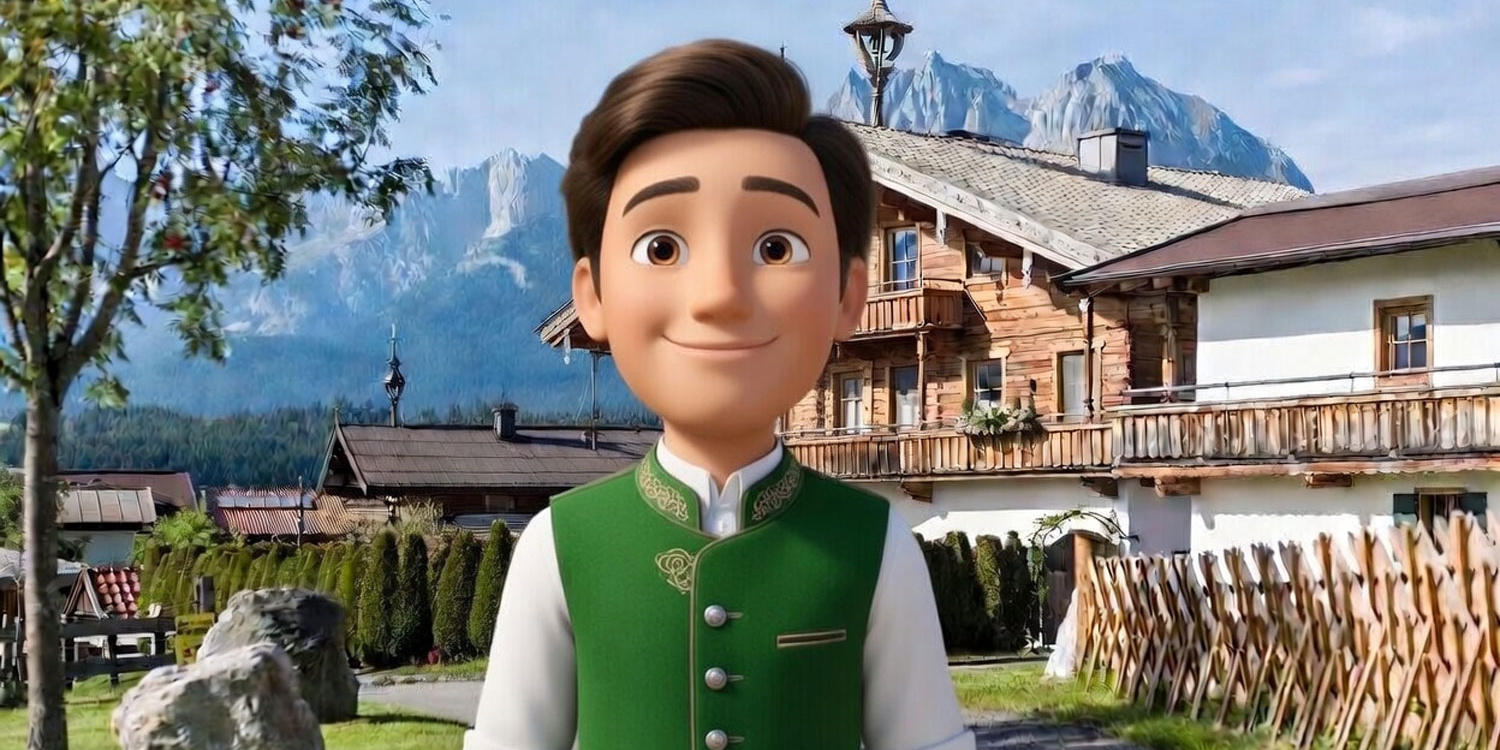 Chatbot Paul als animierte Figur vor einem Hotelgebäude mit Bergen im Hintergrund