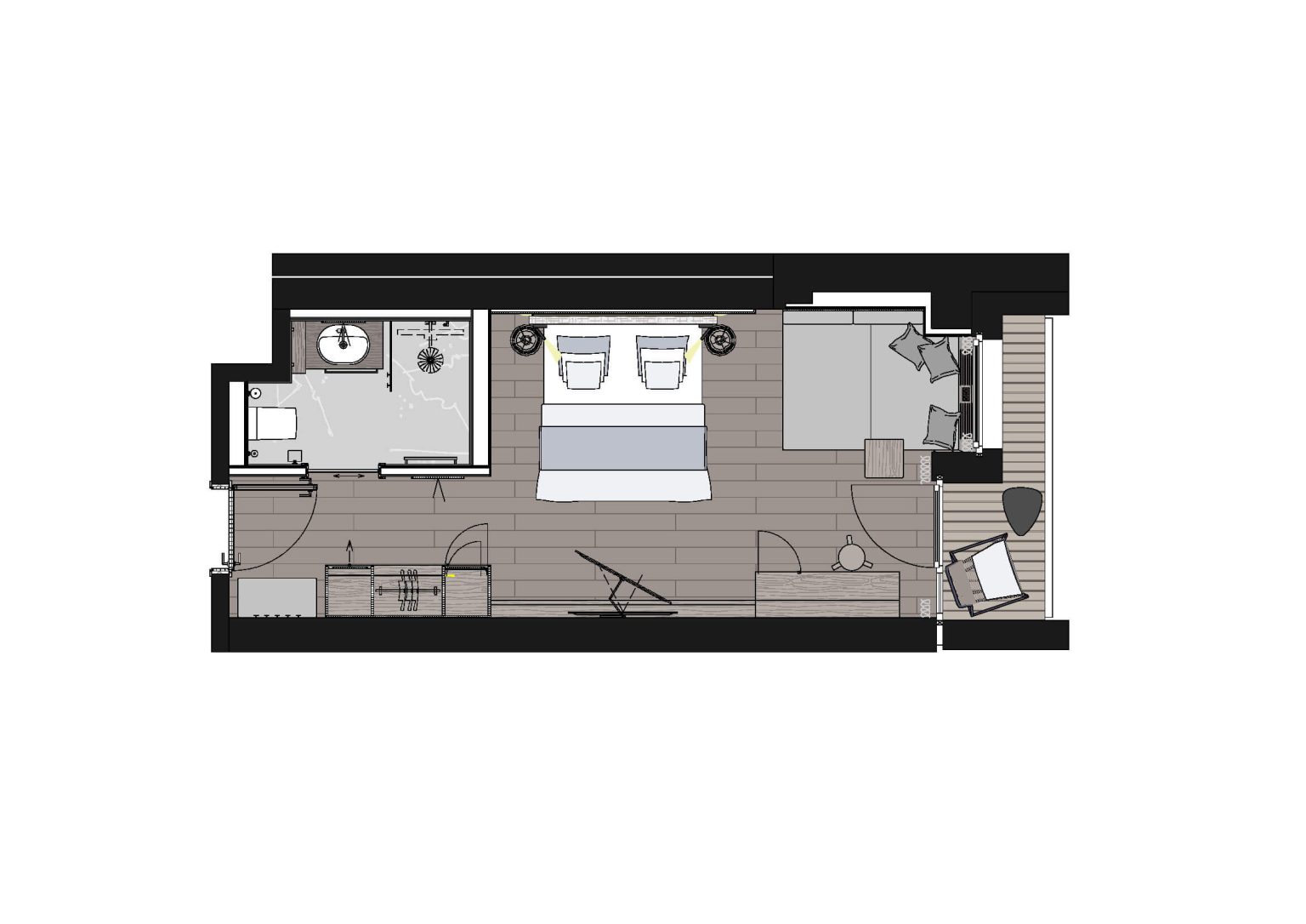 Piantina di una moderna camera d'albergo con arredamento elegante e balcone.