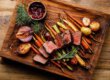 Grilled meat with colorful vegetables and side dish on a wooden platform, perfect for a barbecue evening.