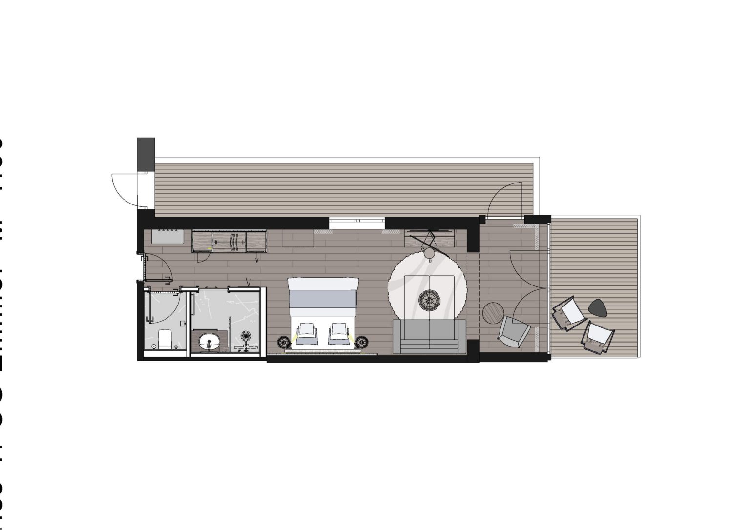 Plan d'une chambre d'hôtel confortable avec terrasse à l'hôtel Penzinghof, Tyrol.